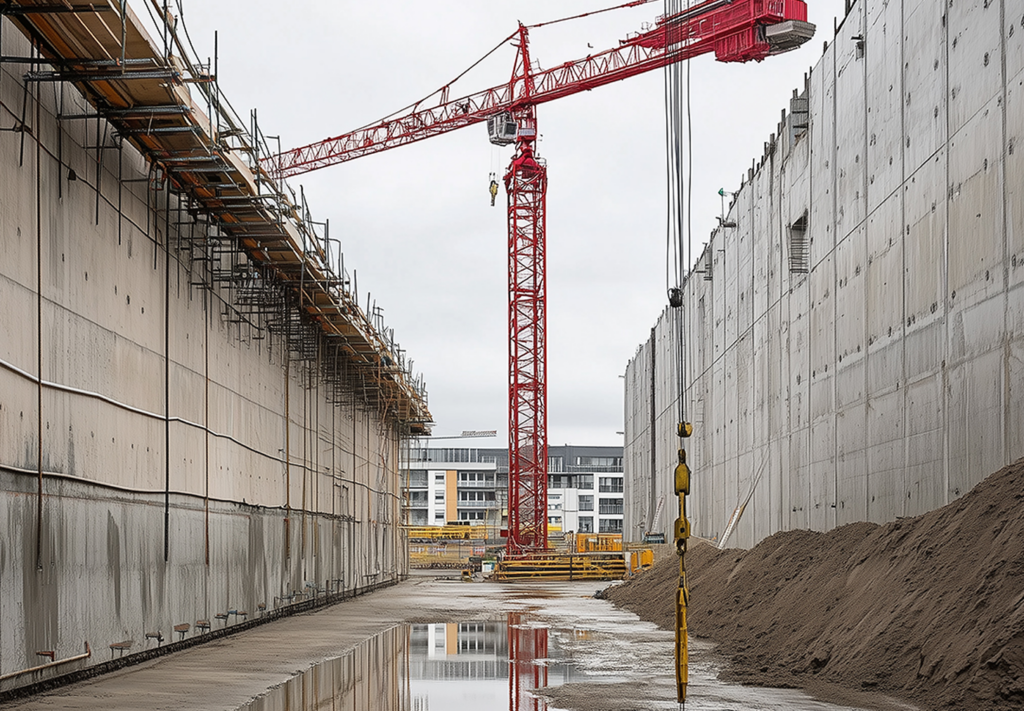Rohbau in Berlin: Kran neben großen Betonwandelementen auf einer Baustelle.