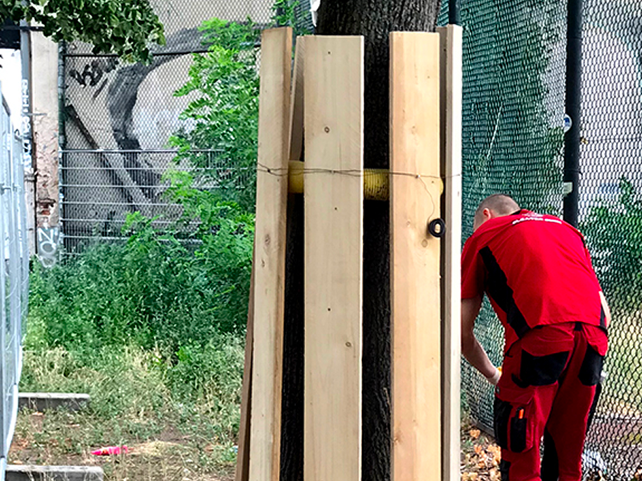 Ein Mann in roter Arbeitskleidung befestigt einen Holzschutz um einen Baumstamm im Freien.